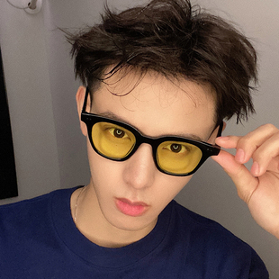 韩国明星太阳镜透明方框黄色镜片复古街拍小红书潮人墨镜个性 嘻哈