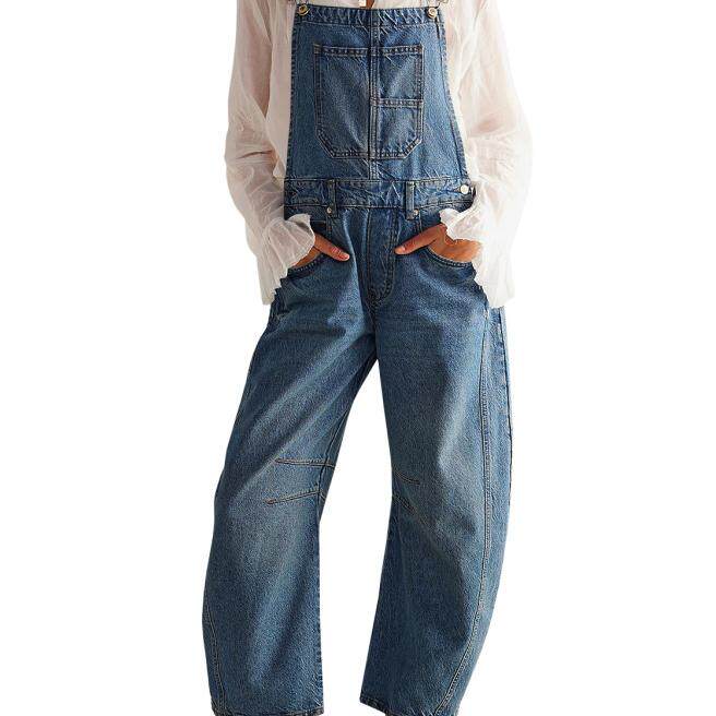 欧美风2024新品时尚纯色休闲宽松百搭牛仔背带裤女装连体牛仔长裤