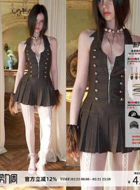 1JINN STUDIO 宫廷风双排扣大U翻领露背连衣裙女仿牛仔A字百褶裙