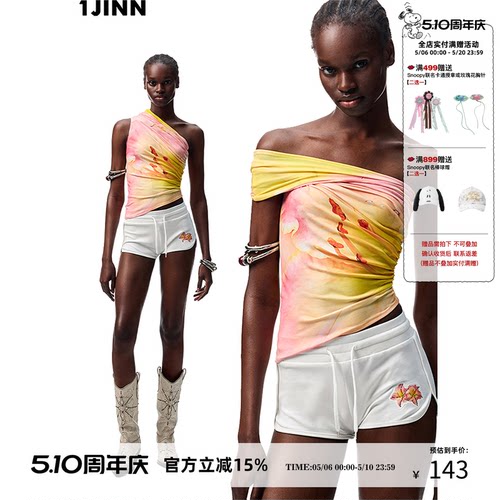 1JINNSTUDIO斜肩抽皱满印背心