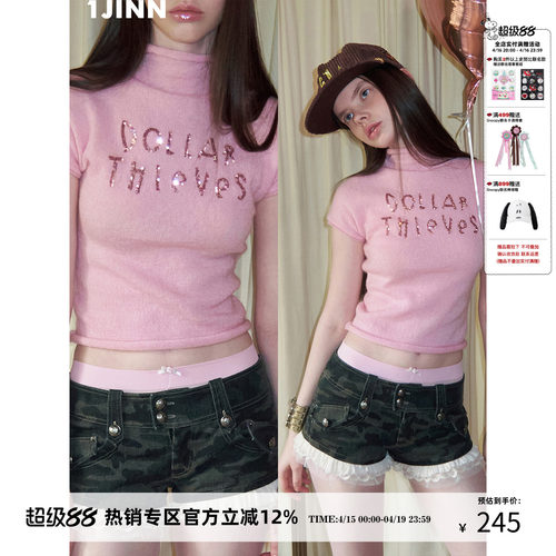 1JINN STUDIO马海毛珠片绣小高领针织短袖毛衣女修身收腰短款上衣