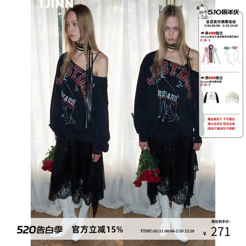 1JINN STUDIO美式字母动物印花斜肩抽绳卫衣女立体花苞慵懒感上衣