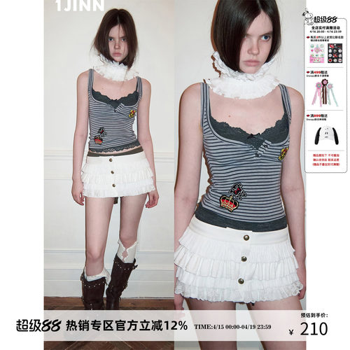 1JINN STUDIO美式假两件蕾丝拼接吊带背心女条纹徽章针织修身上衣