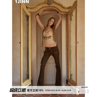 多口袋工装 美式 STUDIO 女低腰微喇修身 长裤 水洗帆布紧身裤 1JINN