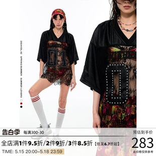 1JINN 复古镂空微透蕾丝宽松球服oversize辣妹休闲上衣 STUDIO美式