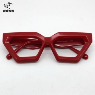 复古板材厚重欧美粗框眼镜架大红色猫眼女款菱形切面纹眼镜配近视