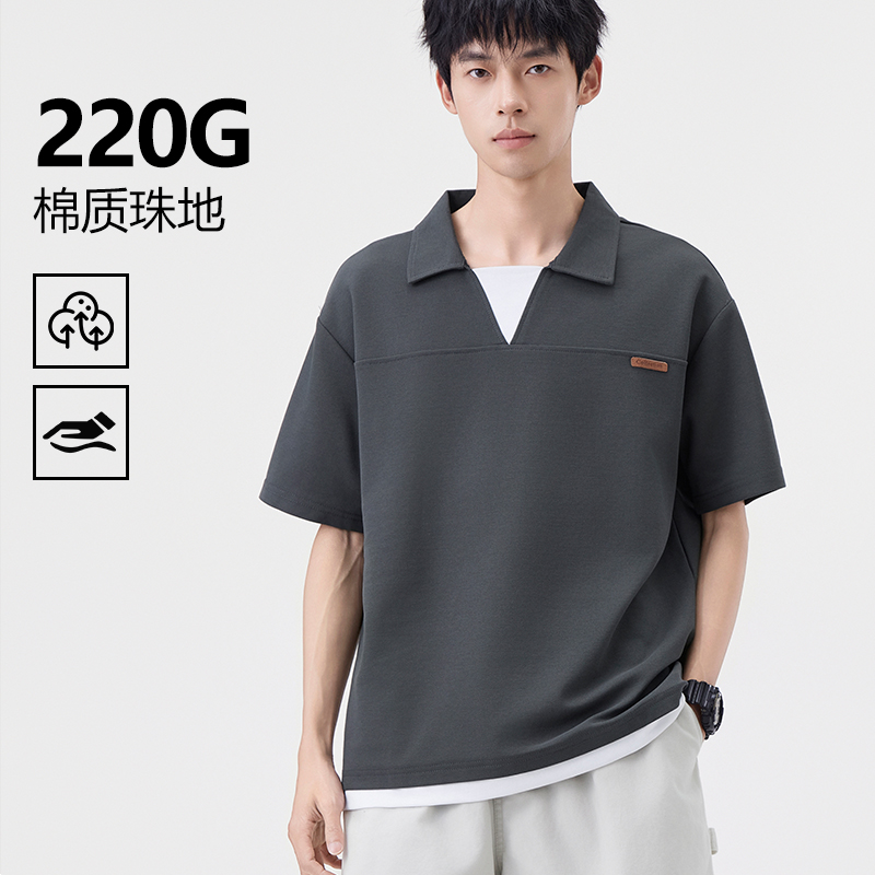 2025新款高级感珠地棉短袖T恤翻领男韩版POLO衫宽松港风假两件