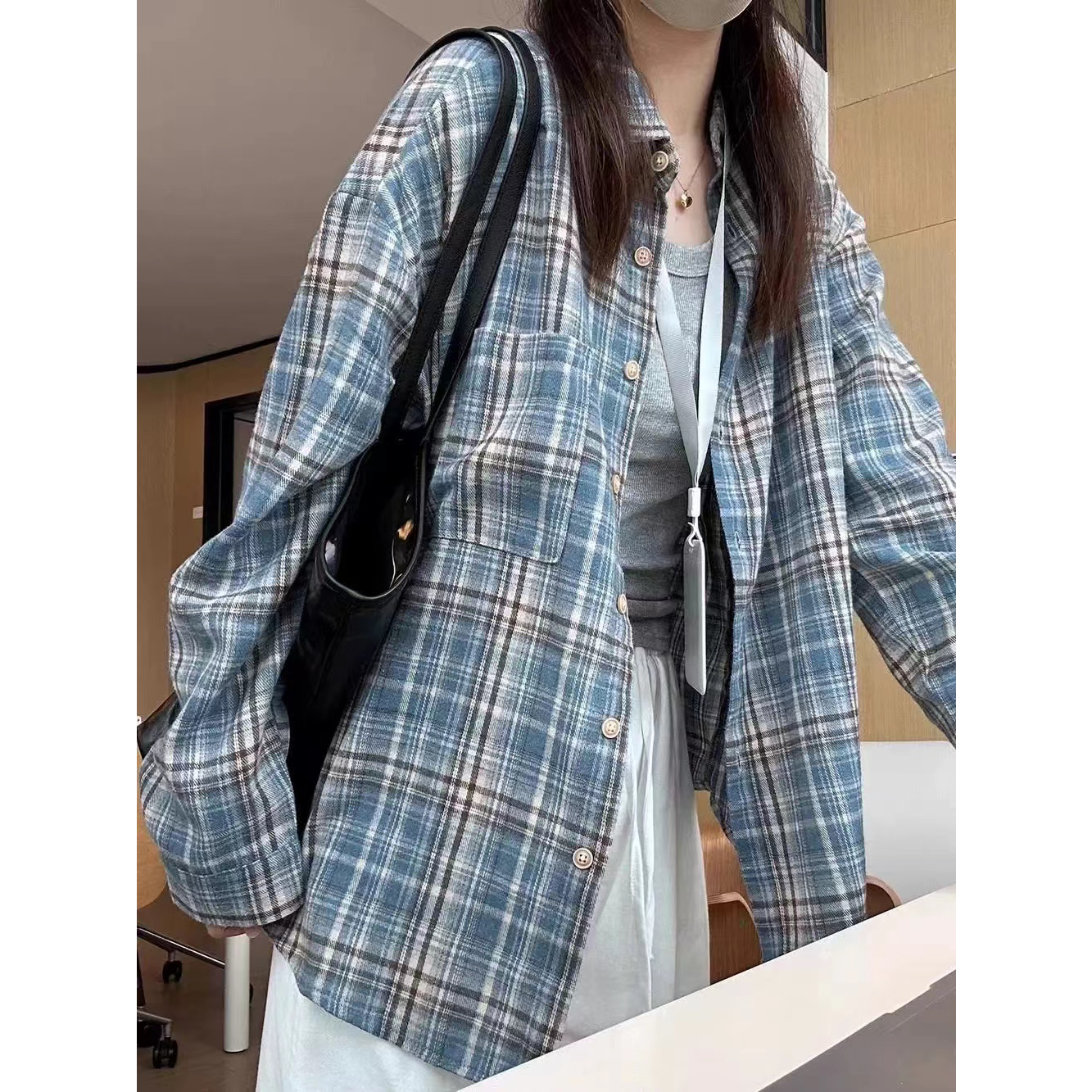 YYCN后腰拼接 蓝色格子长袖衬衫女秋季新款宽松上衣外套衬衣