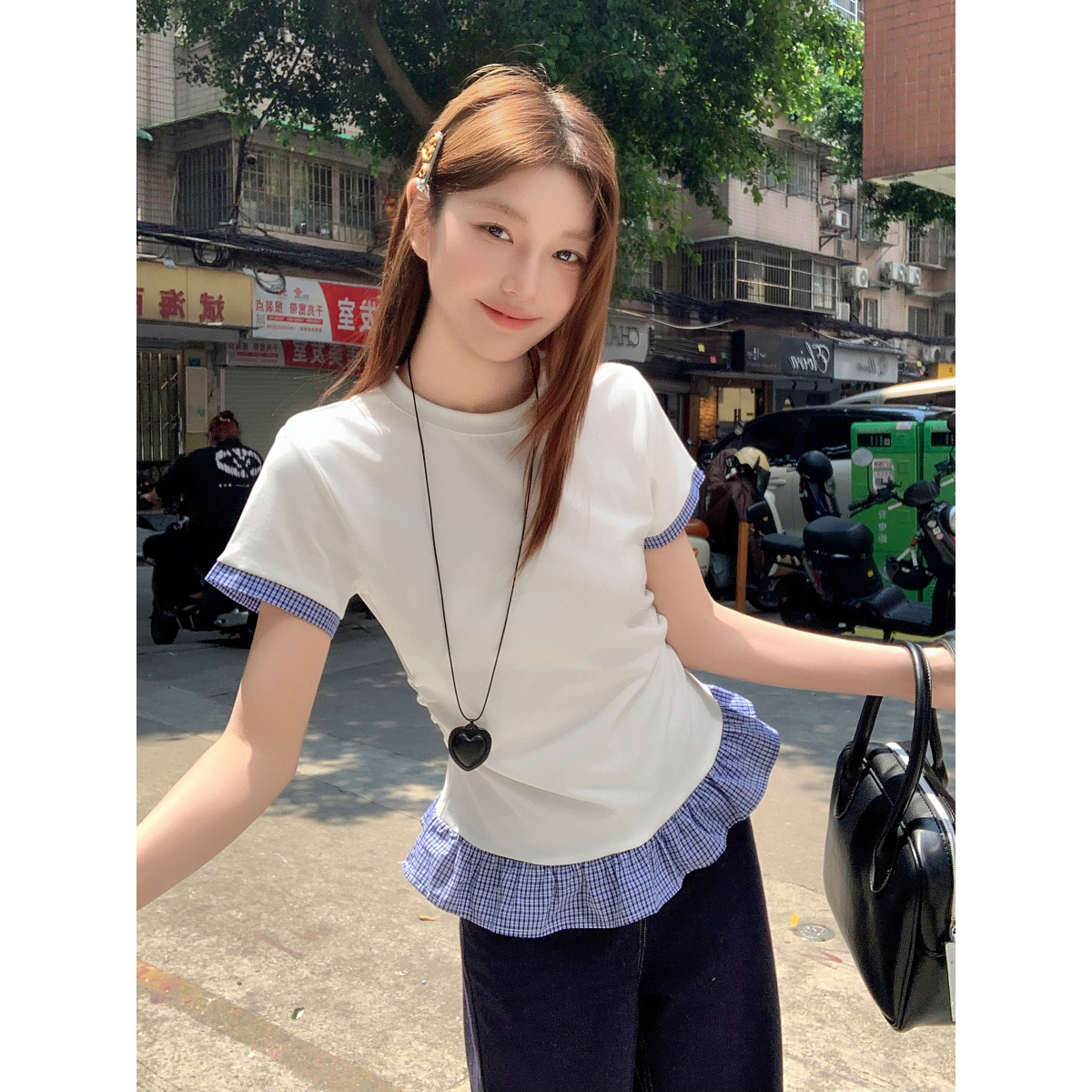 白色假两件格子花边短袖t恤女夏季短款修身收腰显瘦洋气正肩上衣