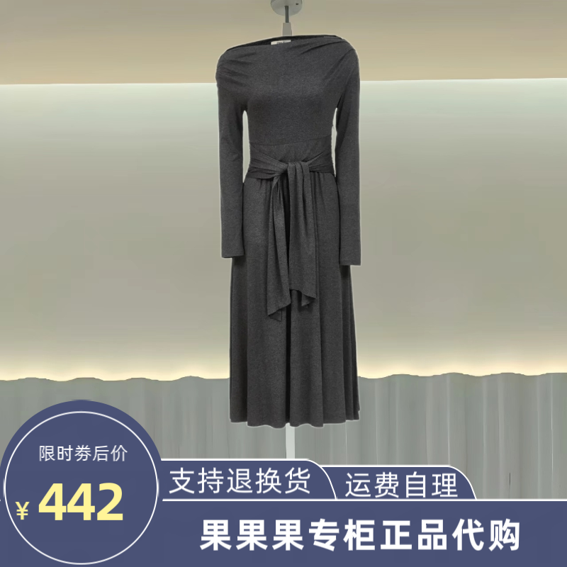 125361002ONL腰部绑带设计25春秋垂坠舒适亲肤船领收腰长袖连衣裙