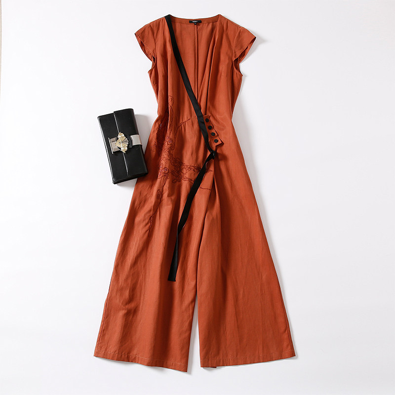 夏款精梳棉混纺复古刺绣V领连体裤女都市休闲腰节系带修身大脚裤