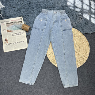 砖跪绝绝子 小个子复古大口袋浅色高腰橡筋9分女牛仔老爹直筒裤