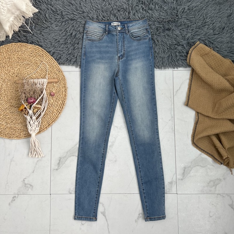C家蓝色磨白高腰弹力牛仔裤修身显瘦小脚裤牛仔长裤