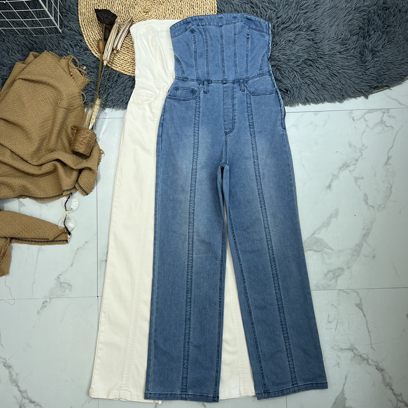 ins超火连体裤女2023夏 F家气质抹胸露肩高腰修身性感阔腿牛仔裤