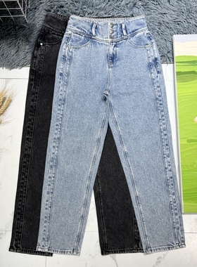 刚需好货！0@家三扣黑灰色浅蓝色秋冬高腰显瘦牛仔裤9分裤老爹裤