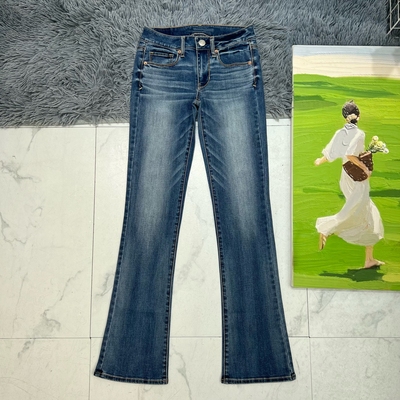 蓝色低腰弹力女显瘦提臀微喇叭裤