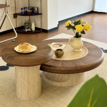 中古风洞石茶几组合客厅家用圆形实木复古高级感现代简约2025新款