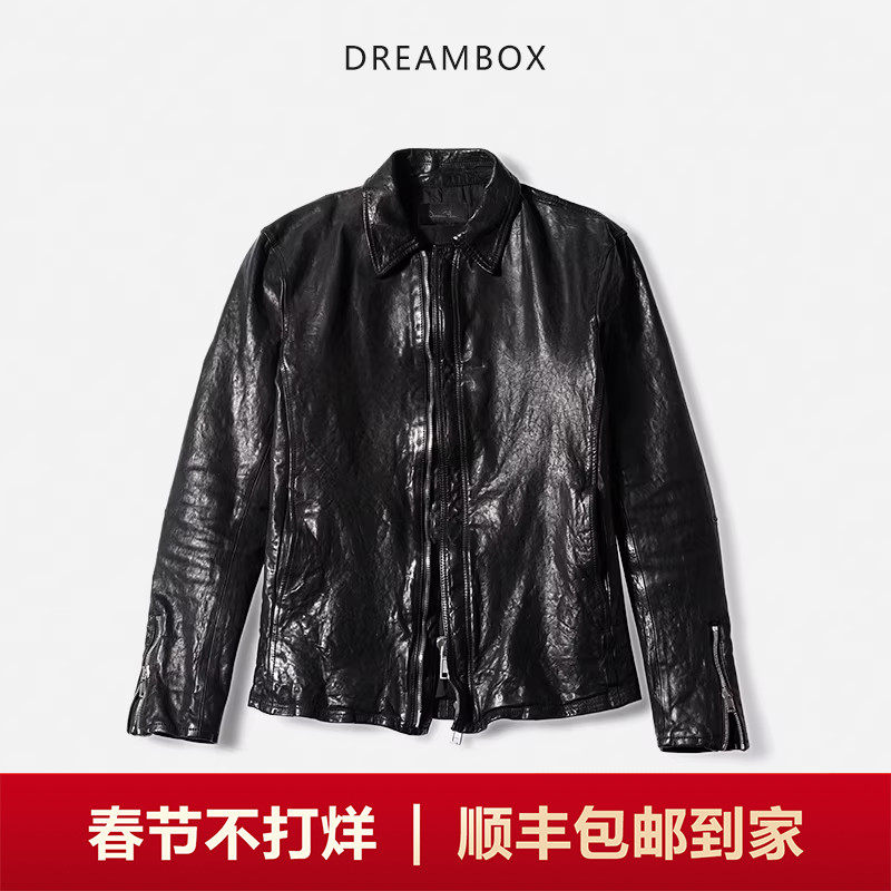 DREAMBOX钧博水洗做旧马皮翻领皮衣阿美咔叽中短款机车皮夹克外套