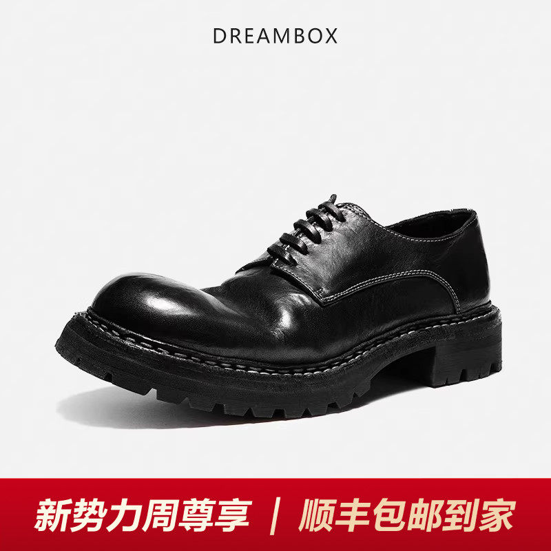 DREAMBOX钧博vibram防滑翘头德比鞋轻奢厚底水洗马皮男士休闲皮鞋