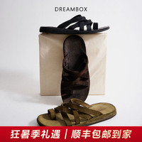 DREAMBOX钧博水洗马皮平底罗马凉鞋2026夏季新款透气舒适夹趾拖鞋