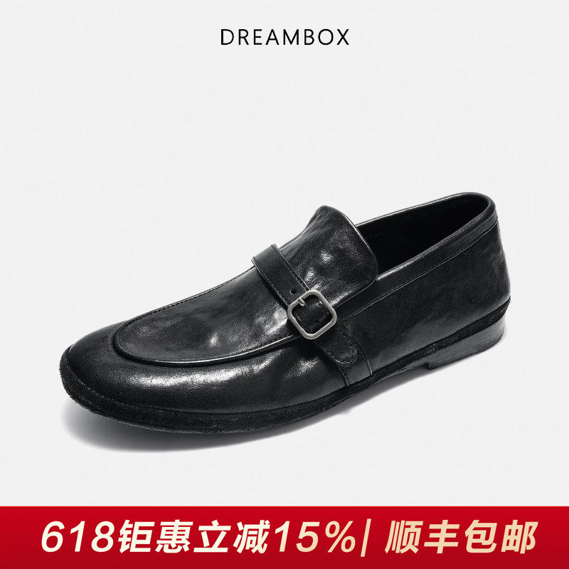 DREAMBOX钧博石洗马皮乐福鞋2026春夏新款软底透气一脚蹬懒人鞋