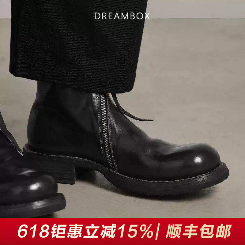 DREAMBOX钧博水洗马皮英伦男靴秋冬新款手工固特异侧拉链高帮皮靴