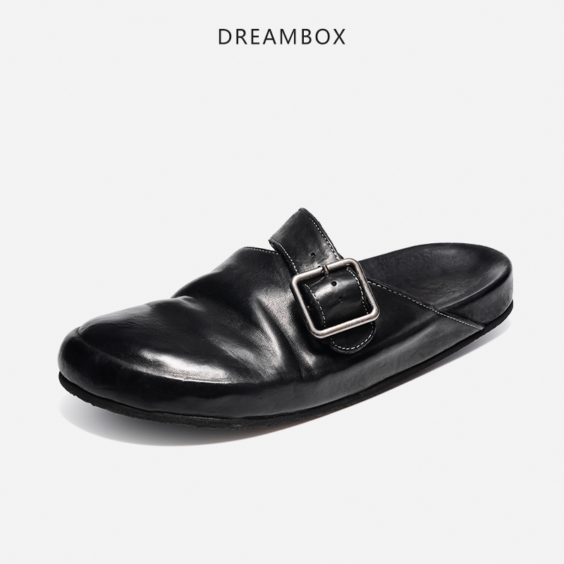 dreambox钧博水洗马皮透气两用包头拖凉鞋男懒人一脚蹬软底勃肯鞋