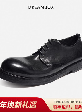 dreambox钧博石洗马皮透气商务休闲皮鞋男手工复古英伦大头德比鞋