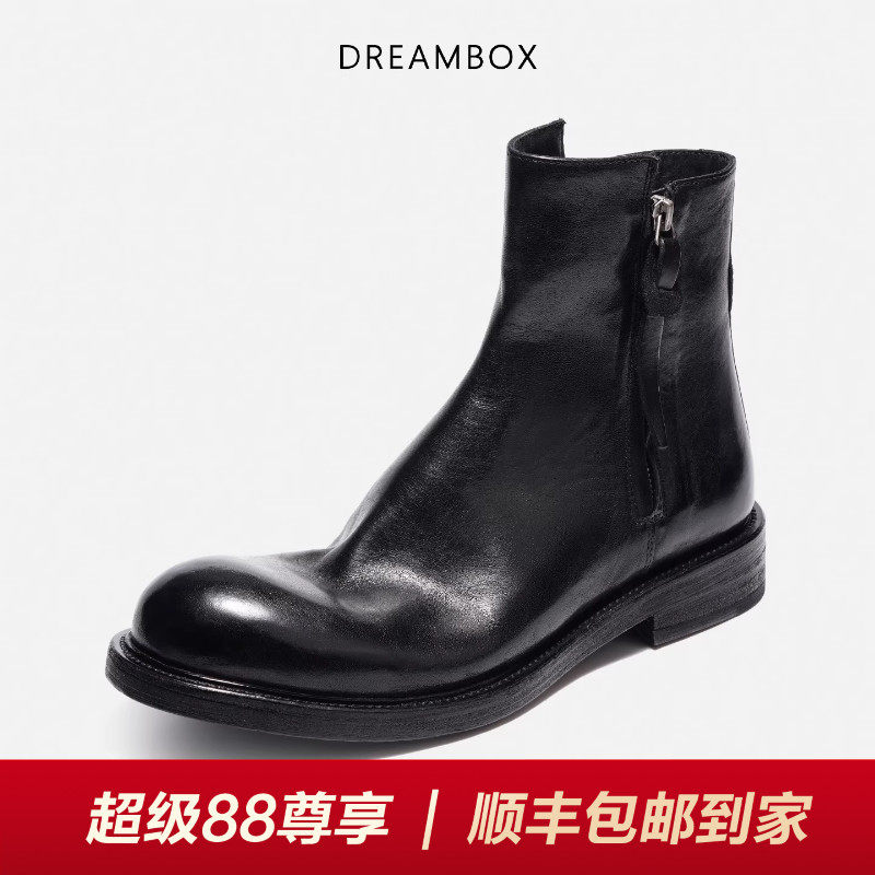 DREAMBOX钧博石洗马皮男靴侧拉链高帮皮靴秋冬新款英伦风切尔西靴