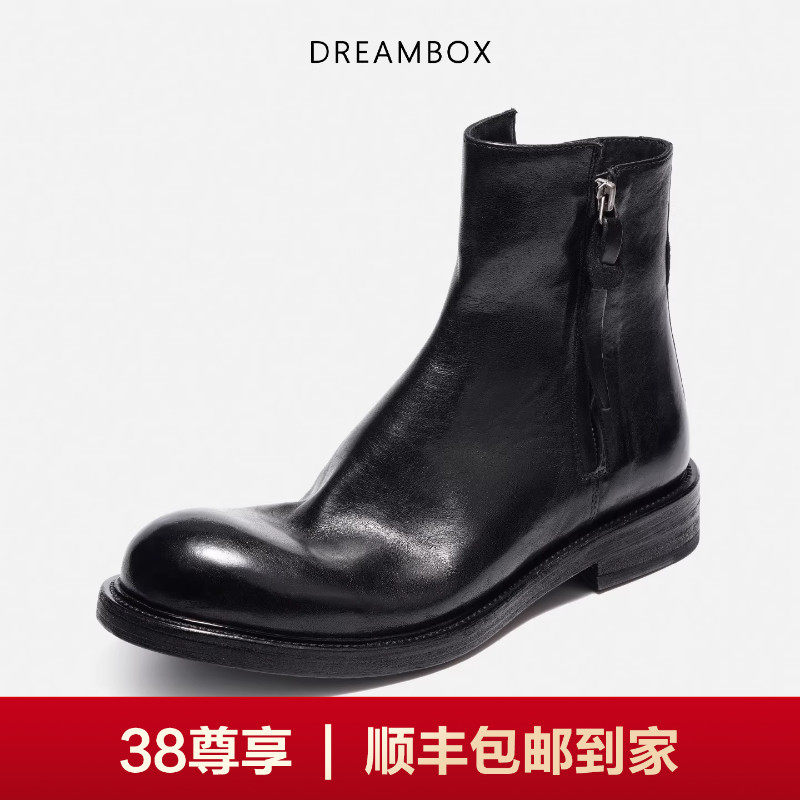 DREAMBOX钧博石洗马皮男靴侧拉链高帮皮靴秋冬新款英伦风切尔西靴