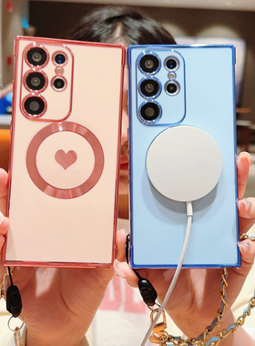 适用三星s24lutra手机壳磁吸s22+plus带手绳S25utra电镀s23FE爱心手腕链uitra全包防摔ultar硅胶s20u软壳5g女