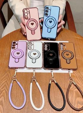 挂绳高级带爱心防摔a24s21fe情侣简约A14s21plus折A335G保a16三星适用黑色支架M12叠感软壳护套手机壳a53a52