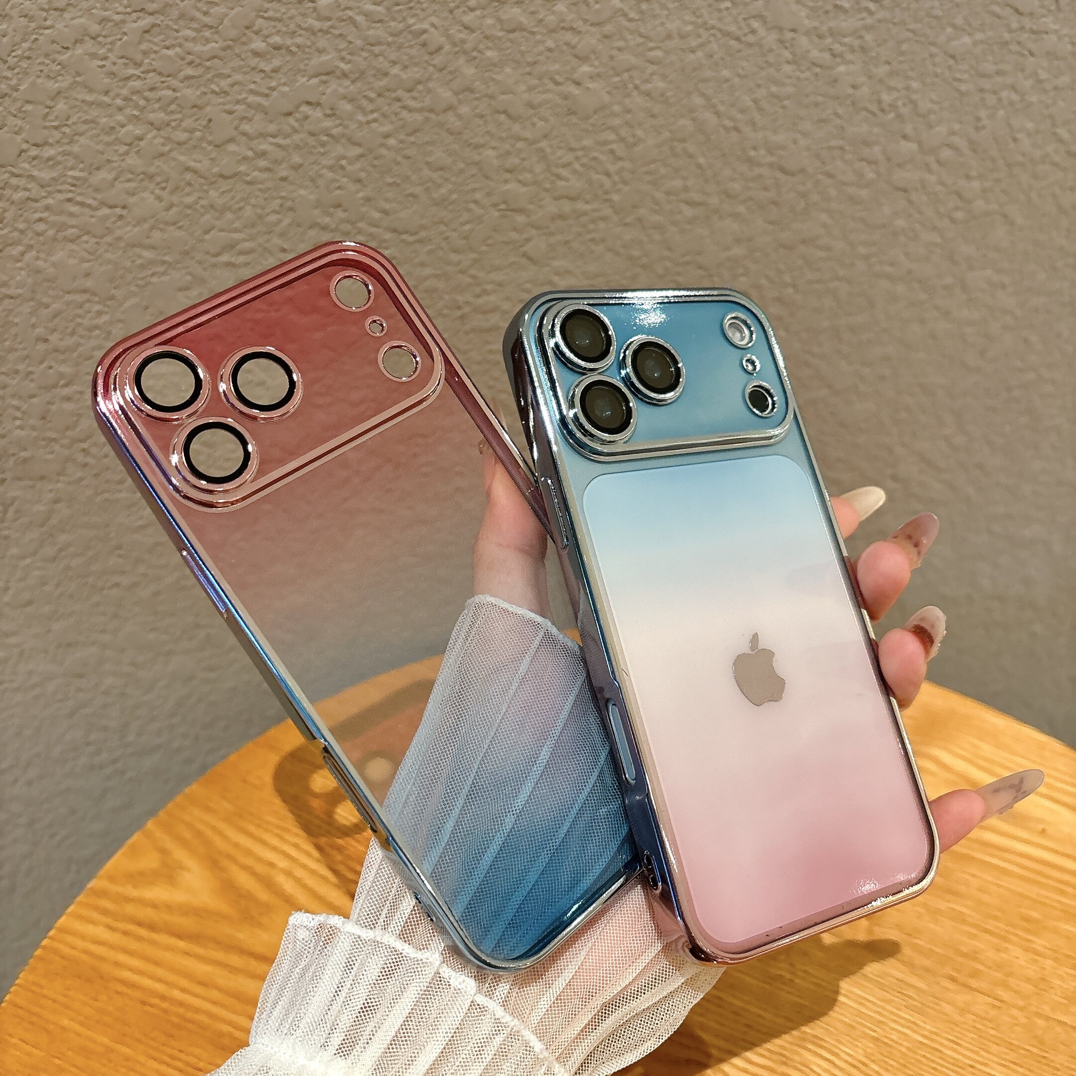 iPhone17promax渐变色电镀边框TPU透明全包手机壳适用苹果16plus防摔保护套红蓝双色15Pro自带镜头膜女款软壳