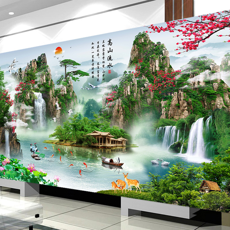 十字绣客厅新款线绣山水流水生财