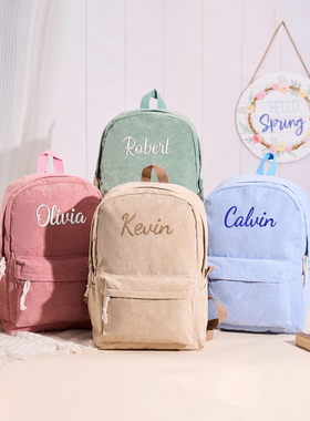 刺绣定制姓名灯芯绒可爱书包高颜值学生背包大容量休闲学院双肩包