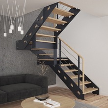 武汉市爆款loft公寓阁楼黑色双梁钢木整梯楼梯扶手栏杆实木包安装