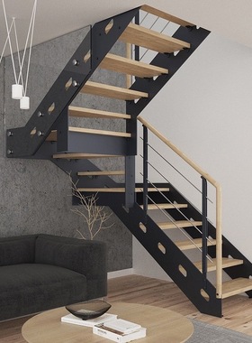 武汉市爆款loft公寓阁楼黑色双梁钢木整梯楼梯扶手栏杆实木包安装