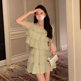 女夏款 甜美绿色半身裙套装 小清新荷叶边小上衣两件套