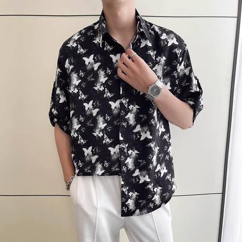 短袖蝴蝶花衬衫男夏季痞帅衬衣潮