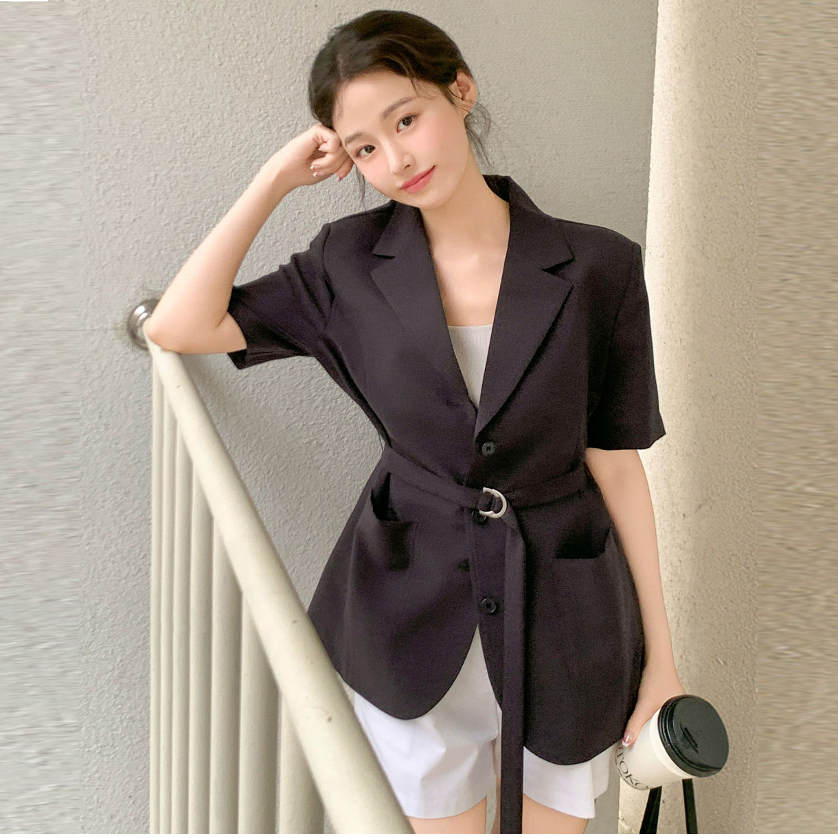 韩国正品高档小西装外套阔版短袖女attrangs代购夏季通勤气质上衣