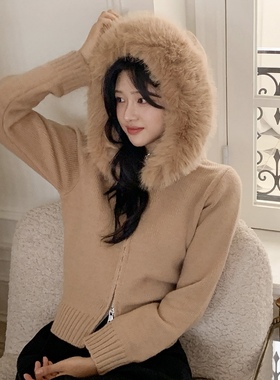 高级毛领连帽针织衫女小个子穿搭fromdayone韩国代购设计感毛衣