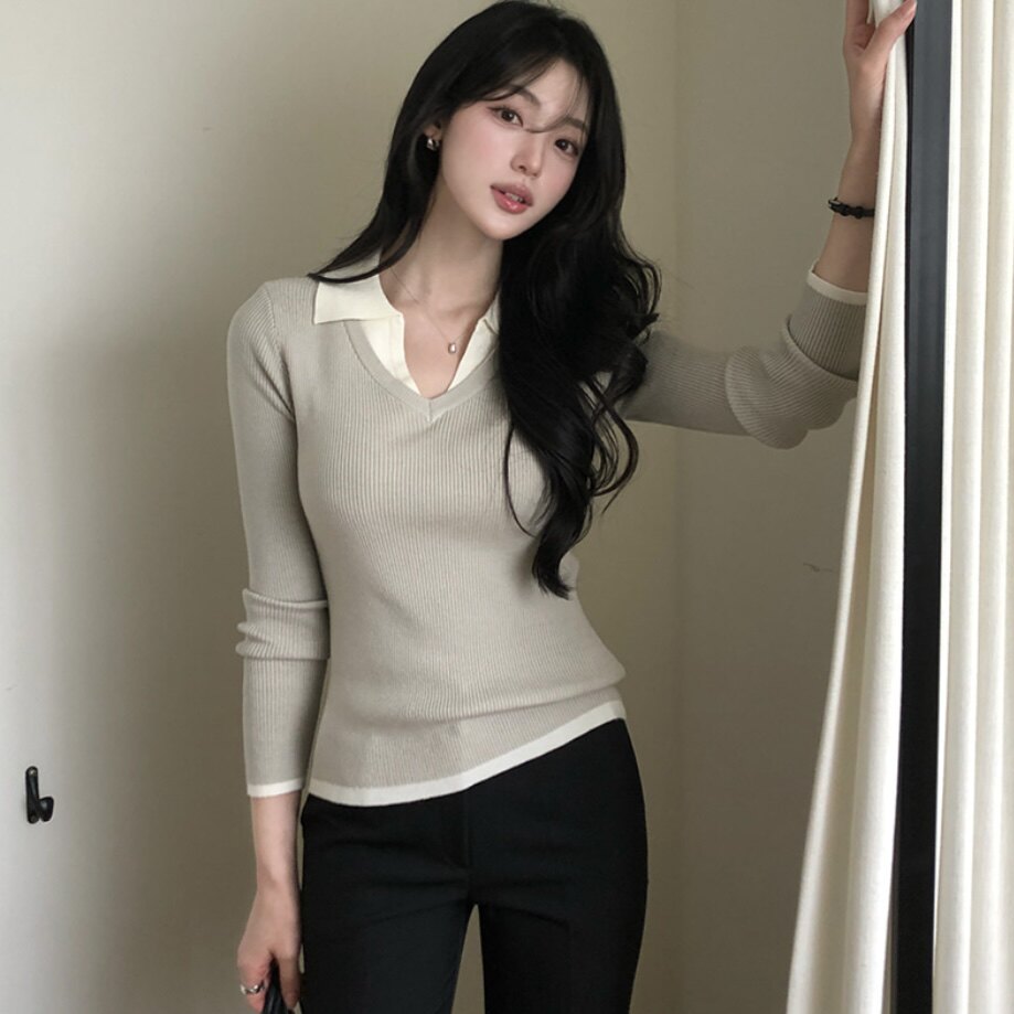 韩国正品拼色叠穿针织衫女款reine官网代购春秋季穿搭修身短上衣