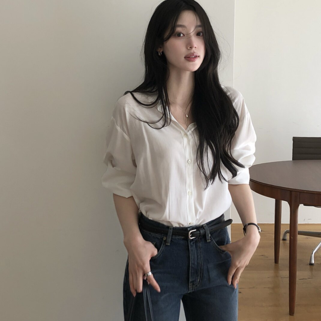 韩国reine正品白色衬衫长袖宽松慵懒风女式官网代购初秋通勤上衣