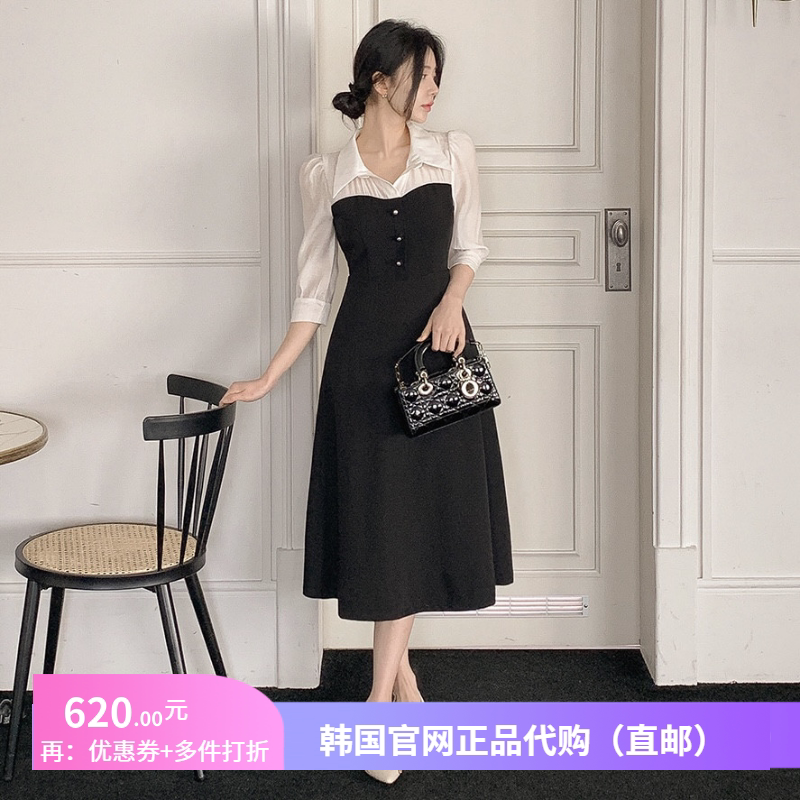 25春秋高级感拼色连衣裙中袖收腰韩国正品代购新款设计大摆长裙子