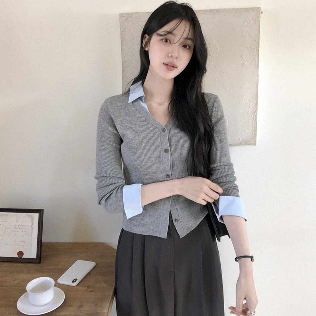 韩国reine正品针织衫设计感半开领拼色女装官网代购秋季减龄上衣