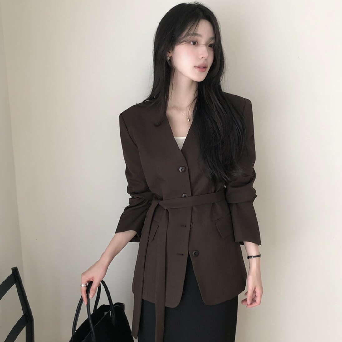 韩国reine正品v领西装外套腰带女装官网代购春秋通勤高级质感上衣