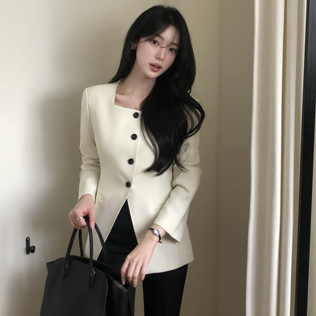 韩国正品高端轻奢方领西装外套女装reine代购春秋修身粗花呢上衣