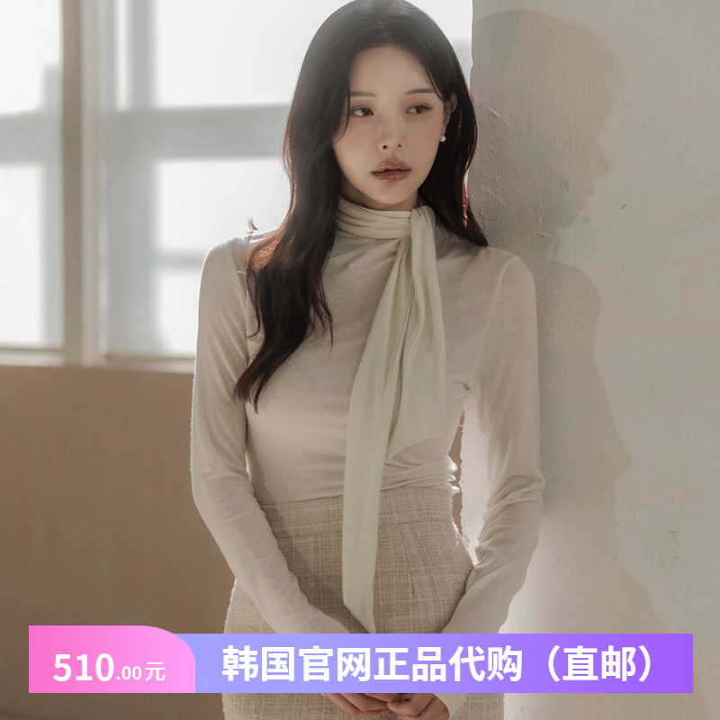 25设计高级感飘带领t恤女天丝羊毛正品韩国代购内搭气质漂亮上衣