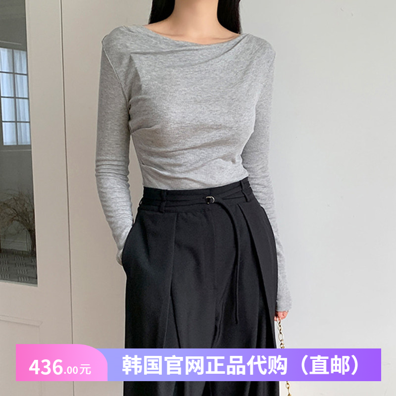 25春秋高级感天丝T恤长袖女装正品韩国代购设计感褶子一字领上衣