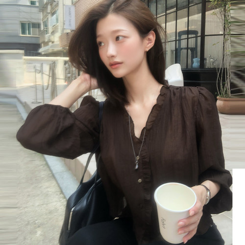 韩国正品木耳花边v领衬衫长袖设计感女reine官网代购春秋可爱上衣